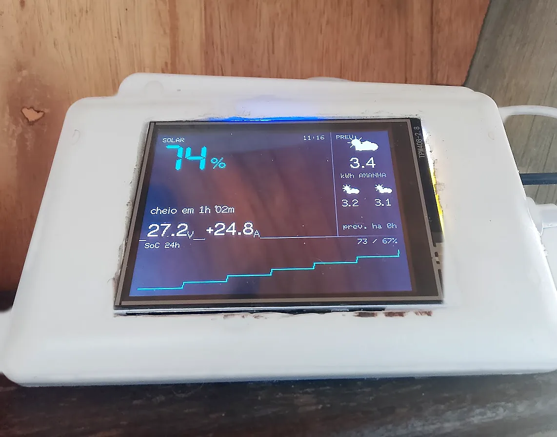 Display embutido na parede mostrando a carga da bateria e a previsão do tempo